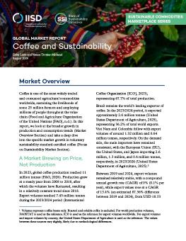 First page of the Global Market Report: Coffee and Sustainability cover showing an image of a person's hand holding a branch of red coffee beans.