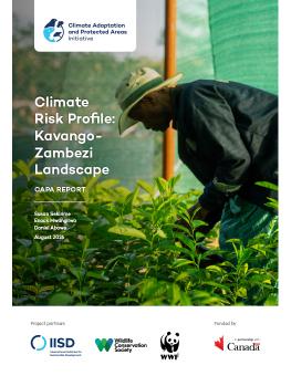 Climate Risk Profile: Kavango Zambezi Landscape report cover showing person looking closely at crops