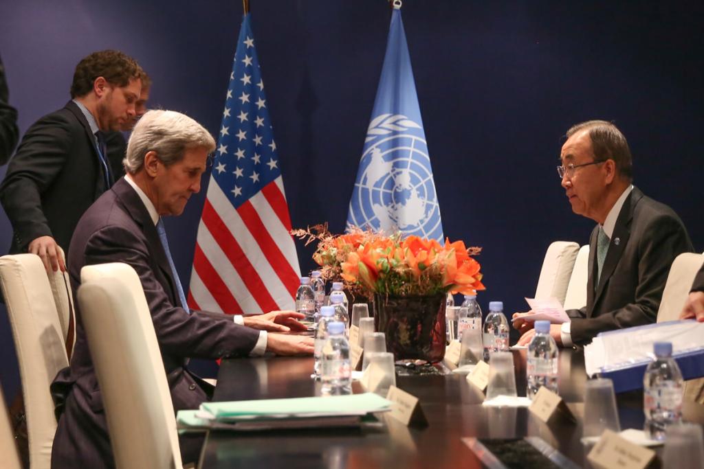 Former US Secretary of State John Kerry meeting with former UN Secretary-General Ban Ki-moon in Paris