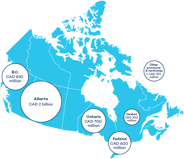 Map outlining the figures that Canada gives out in fossil fuel subsidies