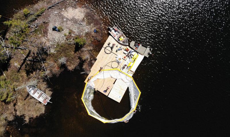 overhead shot of oil spill enclosure at an ELA lake