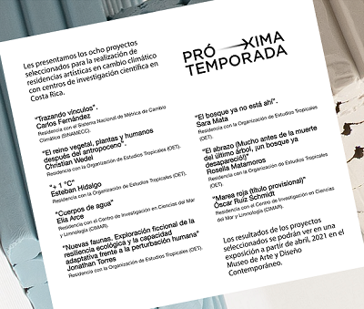 Poster con los proyectos seleccionados para las residencias de Próxima Tempora