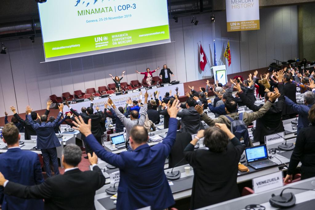 Participants at the third meeting of the Conference of the Parties to the Minamata Convention in 2019 stand and chant “Make Mercury History” during the closing plenary session.
