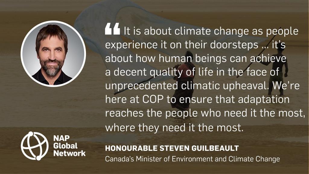 A quote card with text from Canadian Minister of Environment and Climate Change Steven Guilbeault on the 2021 funding from Canada to the National Adaptation Plan Global Network