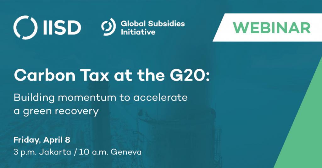 Carbon Tax at the G20: Building momentum to accelerate a green recovery, webinar card.