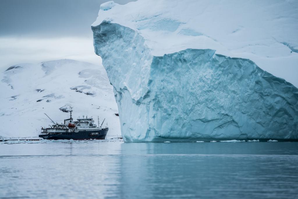 The MV Plancius cruises the polar waters