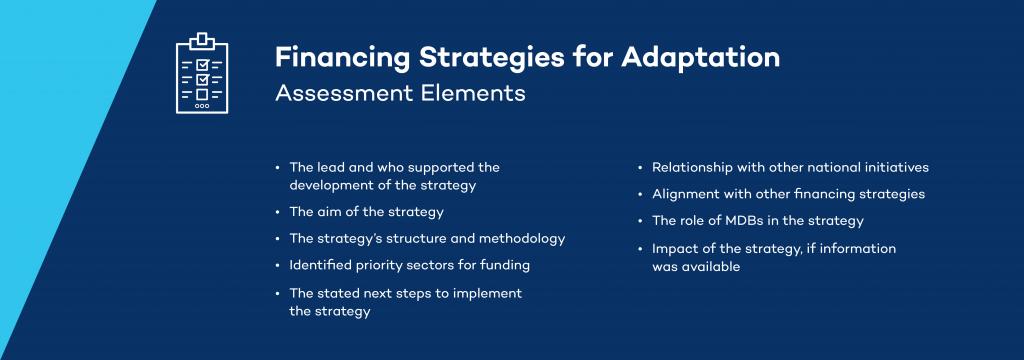 The elements used to assess each financing strategy for adaptation in an IISD study