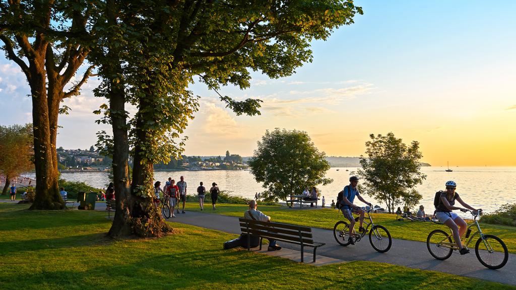 Cyclists in Stanley Park in British Columbia, Canada.