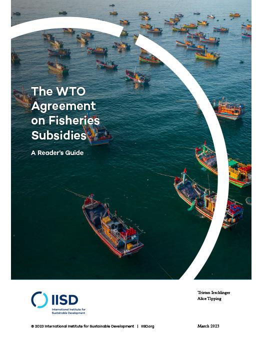 The WTO Agreement on Fisheries Subsidies: A Reader's Guide showing a group of small boats fishing on the coast