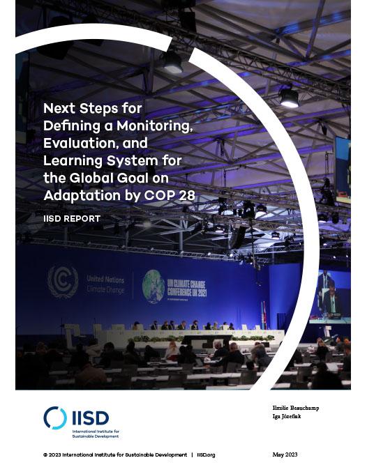 Next Steps for Defining a Monitoring, Evaluation, and Learning System for the Global Goal on Adaptation by COP28 report cover with photo of COP negotiations 