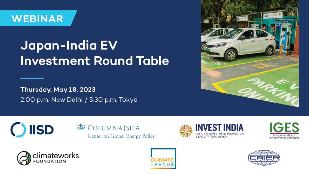 Webinar card for "Japan-India EV Investment Round Table" with photo of electric vehicle.