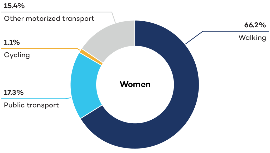 Pie chart showing the transport modes for women in New Delhi