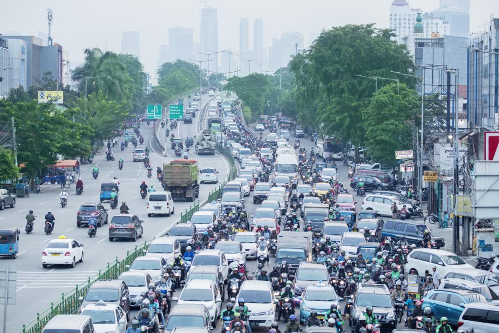 Aerial view of traffic jam with crowded vehicles in Jakarta, Indonesia
