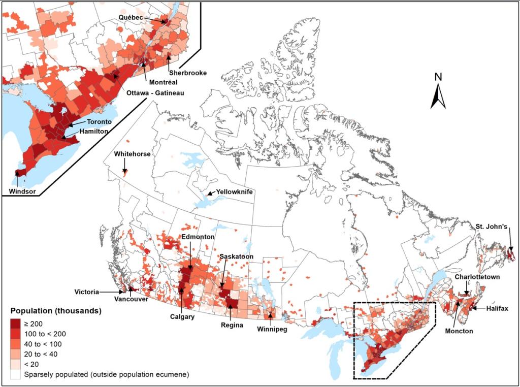 Population distribution in Canada, density by census division map