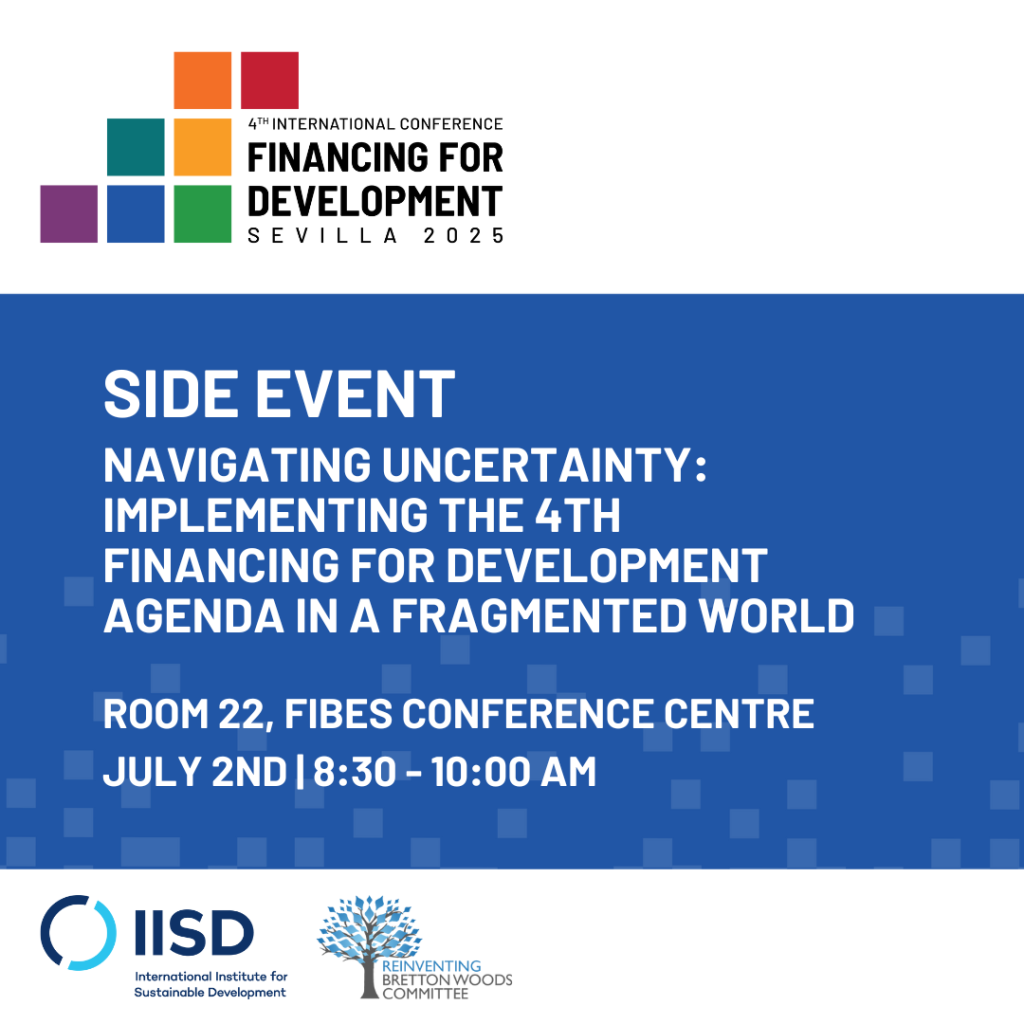 Card with information on IISD side event at the 4th Conference on Financing for Development FfD4
