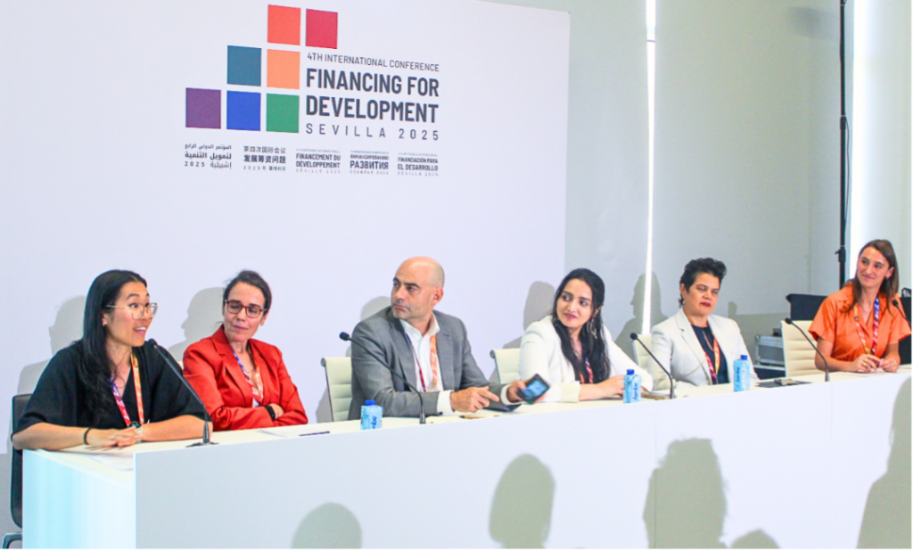 Left to Right: Bing Lou, Senior Policy Advisor at IISD; Marcella Favretto, Chief of Sustainable Development at OHCHR; Borja Santos Porras, Vice Dean at IE School of Public and Global Affairs; Amal Ridene, Climate Finance and Policy Specialist; Noemí Espinosa Madrid, Secretary General of the Association of Caribbean States; Nathalie Delorm, Moderator, Beyond Lab at UN Geneva.