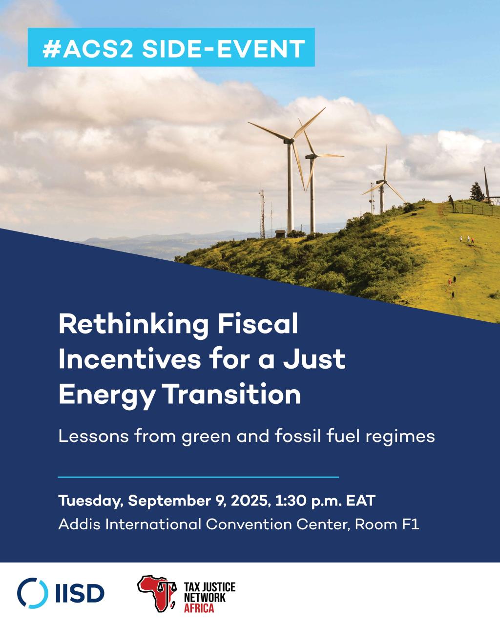 Card with information on side event and a photo of wind turbines on green lanscapes