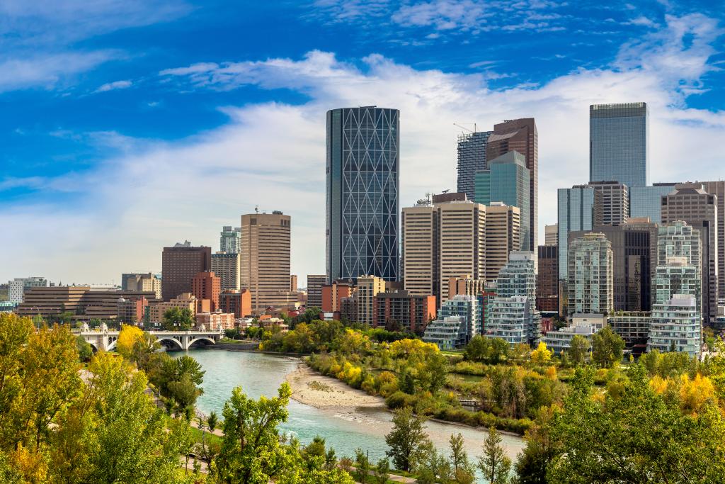 A cityscape with a park and greenery in the foreground.