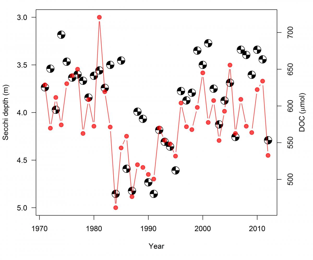 chart showing secchi depth from 1970 to 2010 at IISD Experimental Lakes Area in Ontario