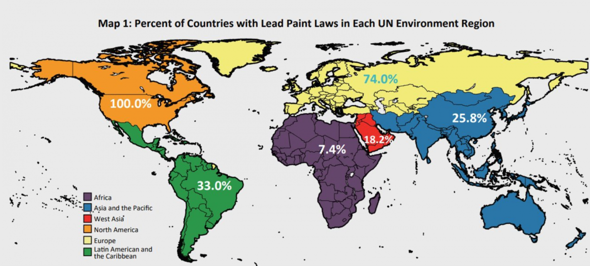 Percentage of countries with lead paint laws in each UN environment region