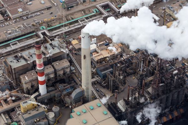 An aerial shot of an oil refinery in Alberta