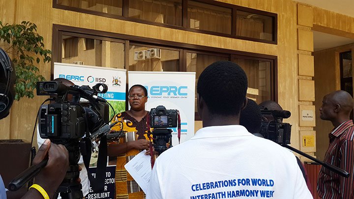 Annette Kuteesa from the Economic Policy Research Centre speaks to media about private-sector investment in climate-resilient value chains at an event in Kampala. Photo: Angie Dazé
