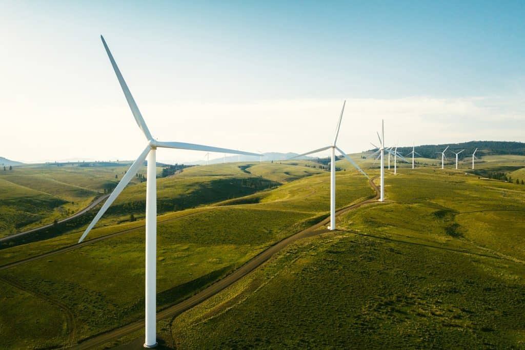 Wind turbines in a field in Washington State, US