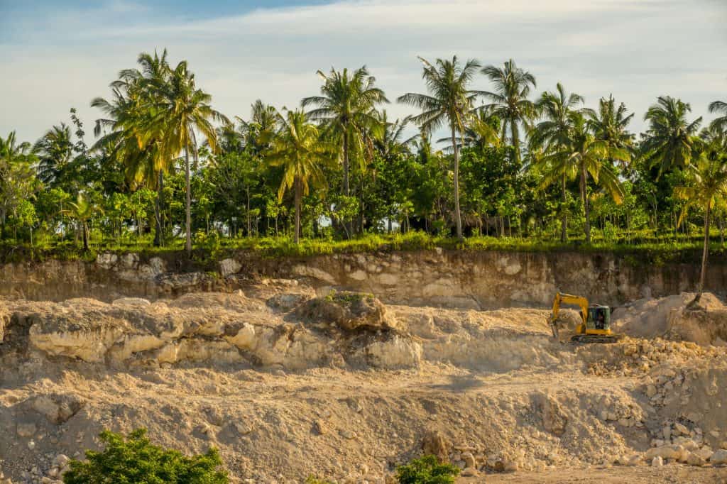 Tropical jungle in sunny weather. Quarry for the extraction of stone. Palm trees and tractor