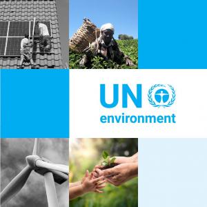 UNEP Logo, with a background pattern of squares and various photographs related to the environment. 