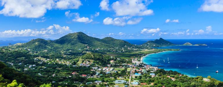 Aerial view of mountains and coast in Grenada