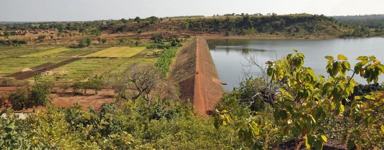 Dam and fields in Burkina Faso, West Africa