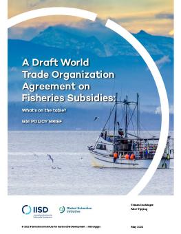 A Draft World Trade Organization Agreement on Fisheries Subsidies: What's on the table? report cover showing fishing boat on water by mountains