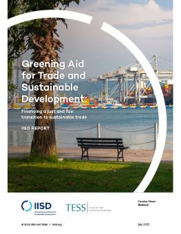 Greening Aid for Trade report cover showing a empty park bench beside a tree with a view of a downtowb