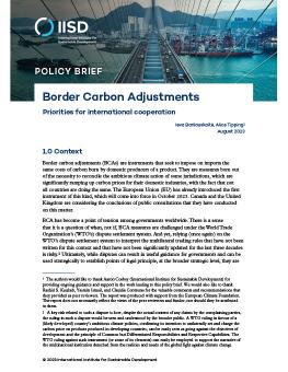 Border Carbon Adjustments Priorities for International Cooperation brief cover showing a cargo ship travelling near a bridge in Hong Kong.