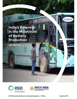 India's Potential in the Midstream of Battery Production report cover showing passengers boarding an electric bus in Bangalore, Karnataka, India.