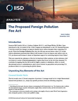 The Proposed Foreign Pollution Fee Act publication front page showing thick smoke plumes escaping from industrial pipes.