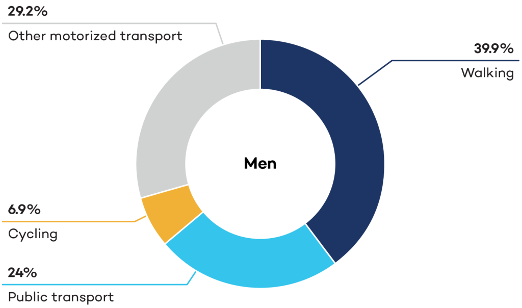 Pie chart showing the transport modes for men in New Delhi
