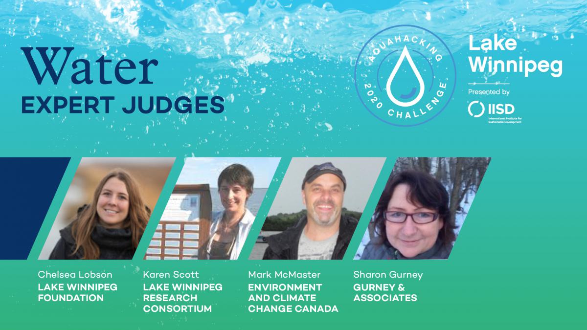 Poster for an aquahacking Lake Winnipeg virtual semi final with names of water expert judges